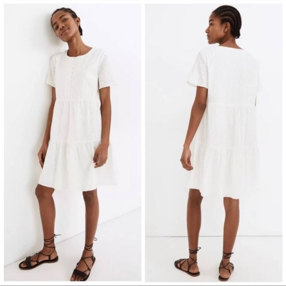 Madewell White Mini Dress Embroidered Eyelet Button Front Tiered Floral Sz S